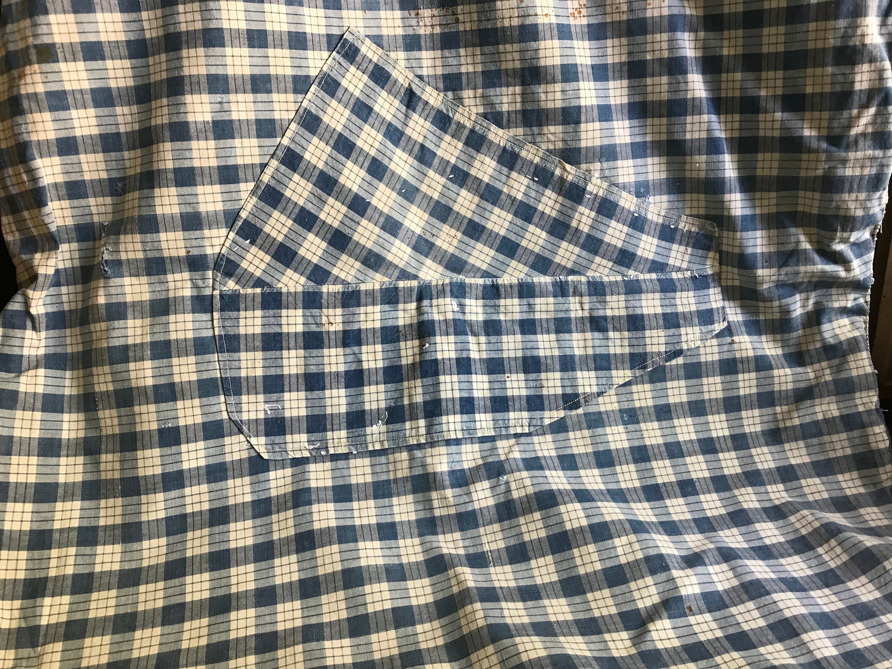 French Kelsch Fabric Remnant, Faded Indigo Check, Historical