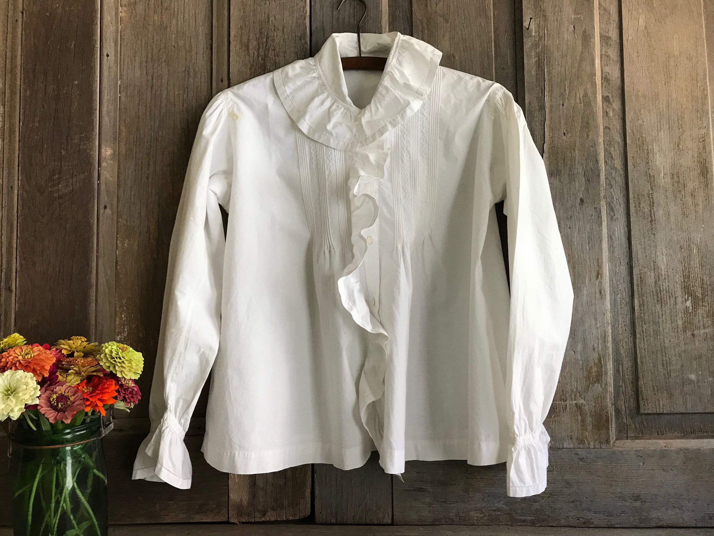 French White Cotton Chemise Blouse Flounce Chemisier Ruffle Collar Monogram French Farmhouse Etsy UK