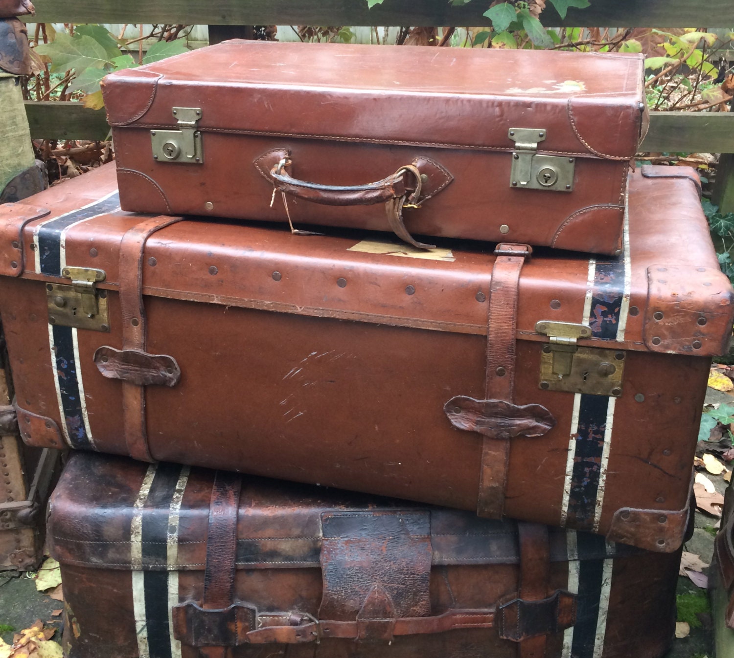 1900s French Leather Suitcase Luggage, England, Chestnut Brown, Stage Props, Original Key, Leather Handle, Corners