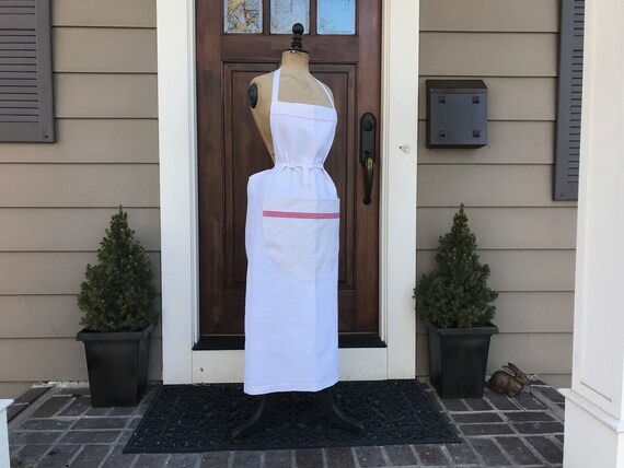 French White Linen Apron, Red Stripe, Chef, Cook, Baker, French