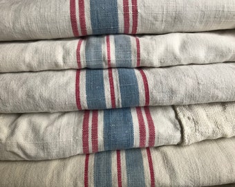 1 French Linen Laundry Sack, Blue Red Stripe, Upholstery Project Textile, French Farmhouse