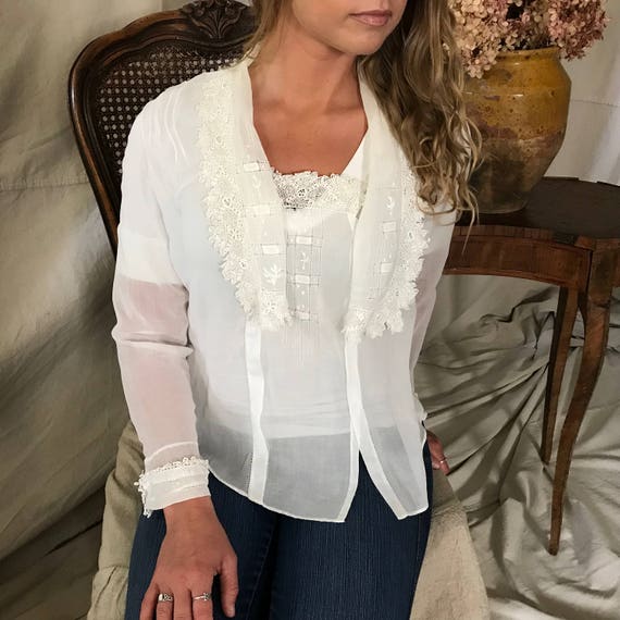 Antique Irish Lace Blouse, White Cotton Batiste, … - image 10