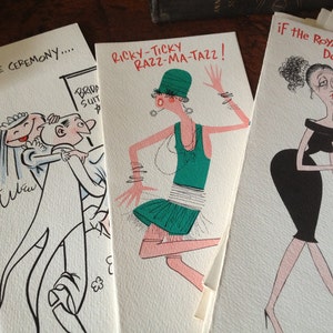 Conjunto de caixas de cartões comemorativos dos anos 1960, cartões de humor de desenho animado de meados do século, novo estoque antigo