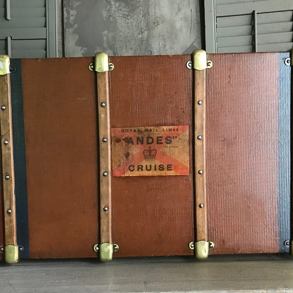 French Steamer Trunk, Brass Locks, Iron Handles, Monogram, Wood Batons, Luggage Travel Label