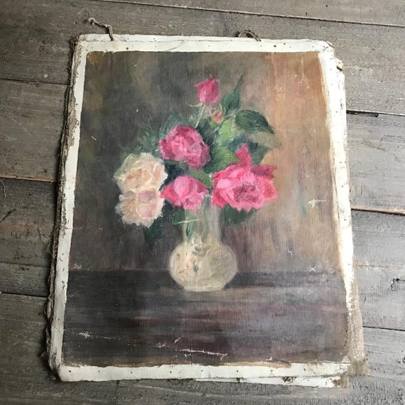 アンティーク フランス花油絵、花瓶のバラの花、ピンクのバラ、静物画