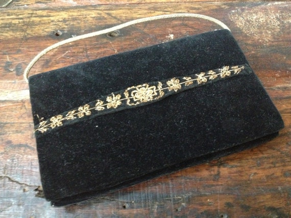 1950s Beaded Black Velvet Clutch Silver Gold Dres… - image 3