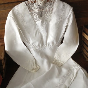 Cotton Lace Tea Dress, Antique Victorian Irish Crochet, White Cotton Linen Summer Day, Hand Embroidered image 2