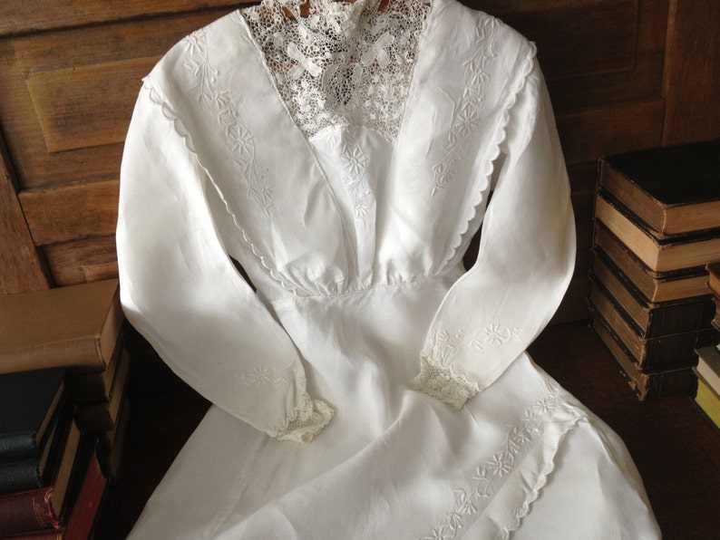 Cotton Lace Tea Dress, Antique Victorian Irish Crochet, White Cotton Linen Summer Day, Hand Embroidered image 2