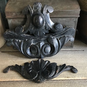19th C French Architectural Wood Plaques, Napoleon III, Black, Scroll Acanthus Leaf Design, Armoire, Furniture, Wall Mount, Chateau Decor