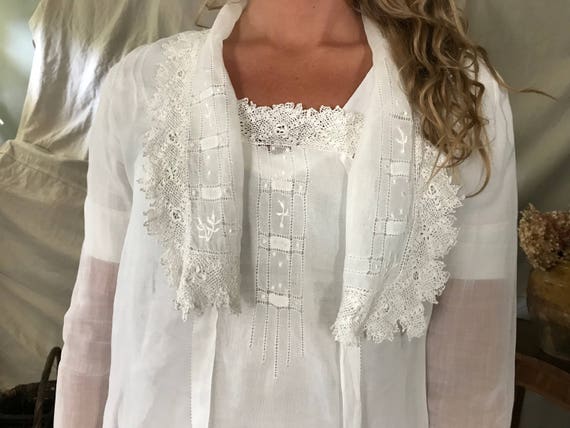 Antique Irish Lace Blouse, White Cotton Batiste, … - image 5