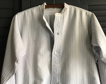 French Edwardian Chemise, Mens Dress Shirt, French Cuff, Blue Stripe Cotton, Monogram, 100k Chemises Original Paris Label