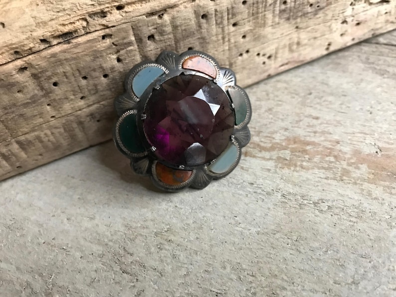 Art Deco Agate Amethyst Paste Stamped Scotland 1930s Scottish Silver Brooch