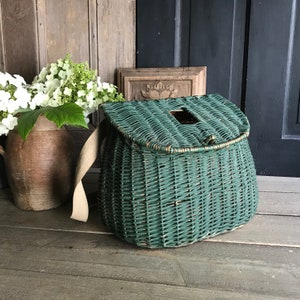 Französischer Fliegenfischerkorb, Weide, Grün Finish, Canvas Leder Trageriemen