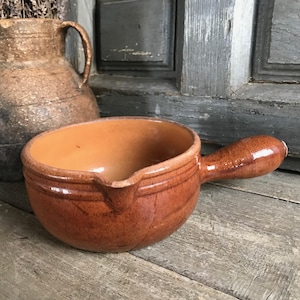 French Handled Soup Bowl, Gratin, Tureen, Chili, Cooking Pot, Rustic Brown, Ochre Glazed, Antique Pottery, French Farmhouse