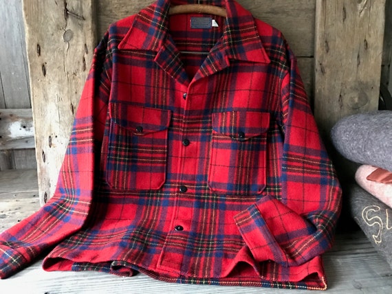 1950s Red Tartan Plaid Wool Flannel Shirt Jacket P