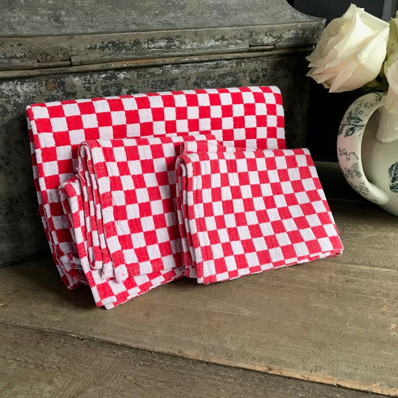 French Bistro Café Table Set, Red Check, Gingham, French Farmhouse Historical Textiles, Table Runner, Napkins, Set of 3 image 6