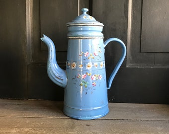 French Enamel Double Coffee Pot, Floral Roses, Daisies, Chippy French Blue Pastel Jug, French Farmhouse