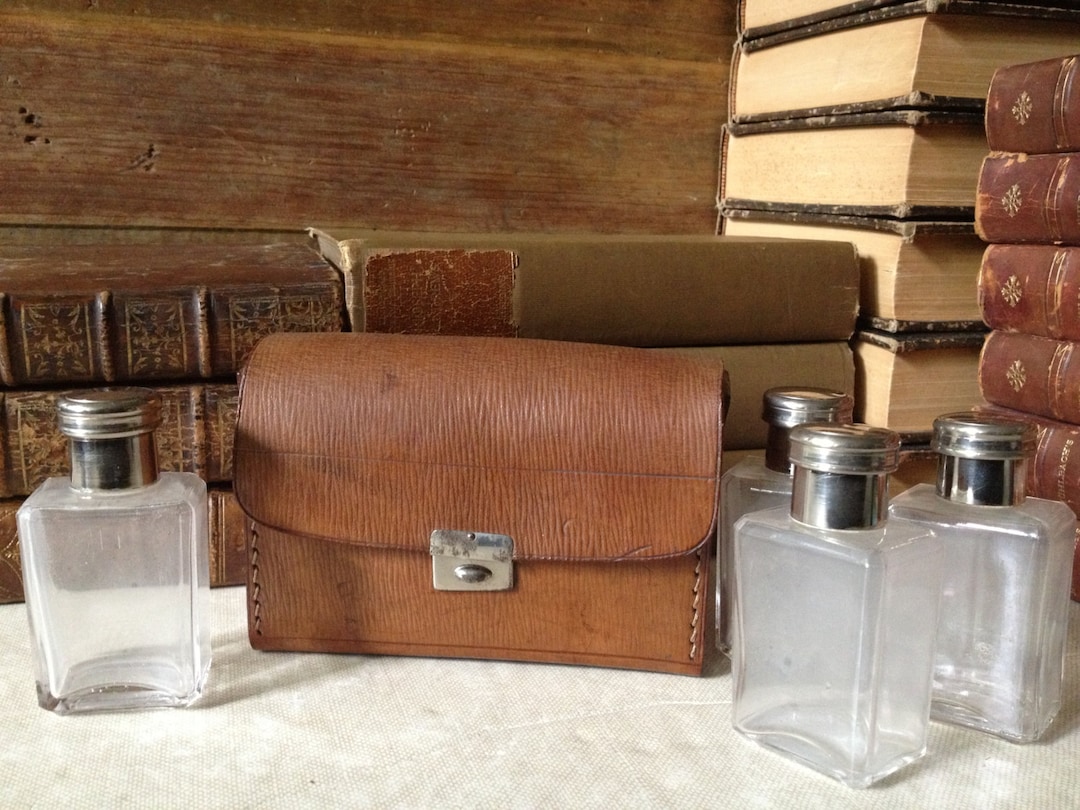 Antique Leather Travel Case, Set of 4 Bottles, Silver Plated, Perfume