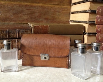 Antique Leather Travel Case, Set of 4 Bottles, Silver Plated, Perfume