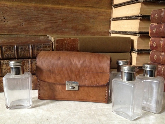 Antique Leather Travel Case Set of 4 Bottles Silver Plated 