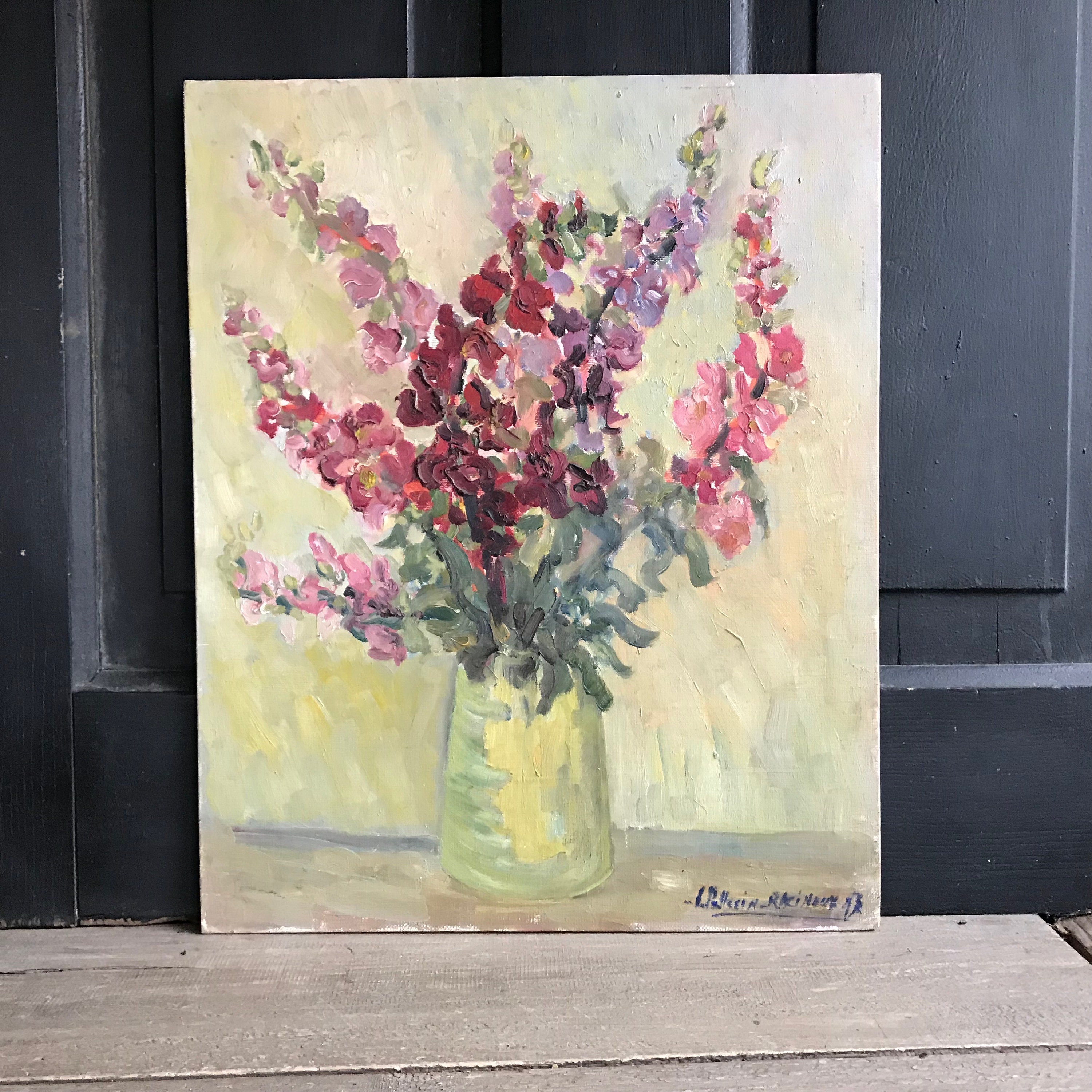 フランスの花の油絵、花瓶の花、静物画、額なし、ボード上の油絵
