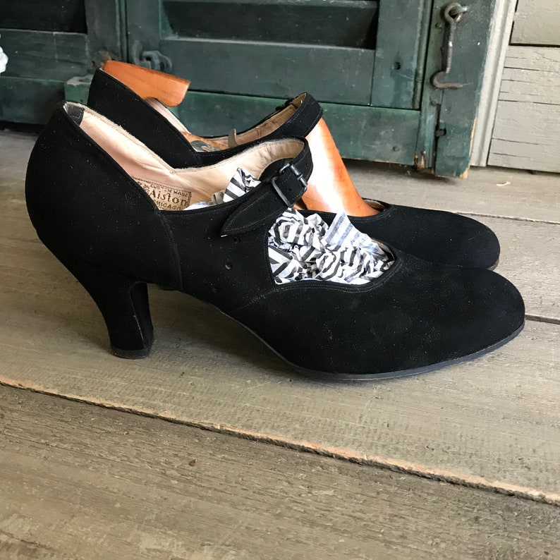 1940s Black Suede Shoes, Mary Jane Pumps, Custom Made, Chicago image 7