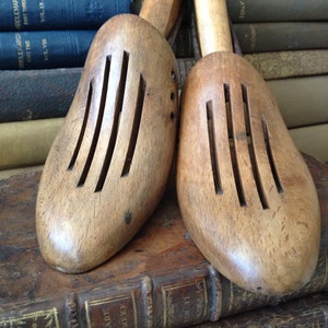May include: Two wooden shoe trees with slotted tops, resting on antique books. The shoe forms are light brown with a smooth finish. The background features stacks of old books with various aged covers, creating a vintage aesthetic.