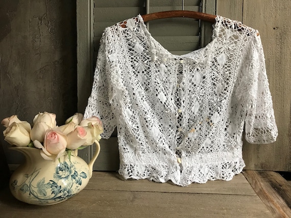 1900s French White Lace Blouse, Jacket, Handmade,… - image 1