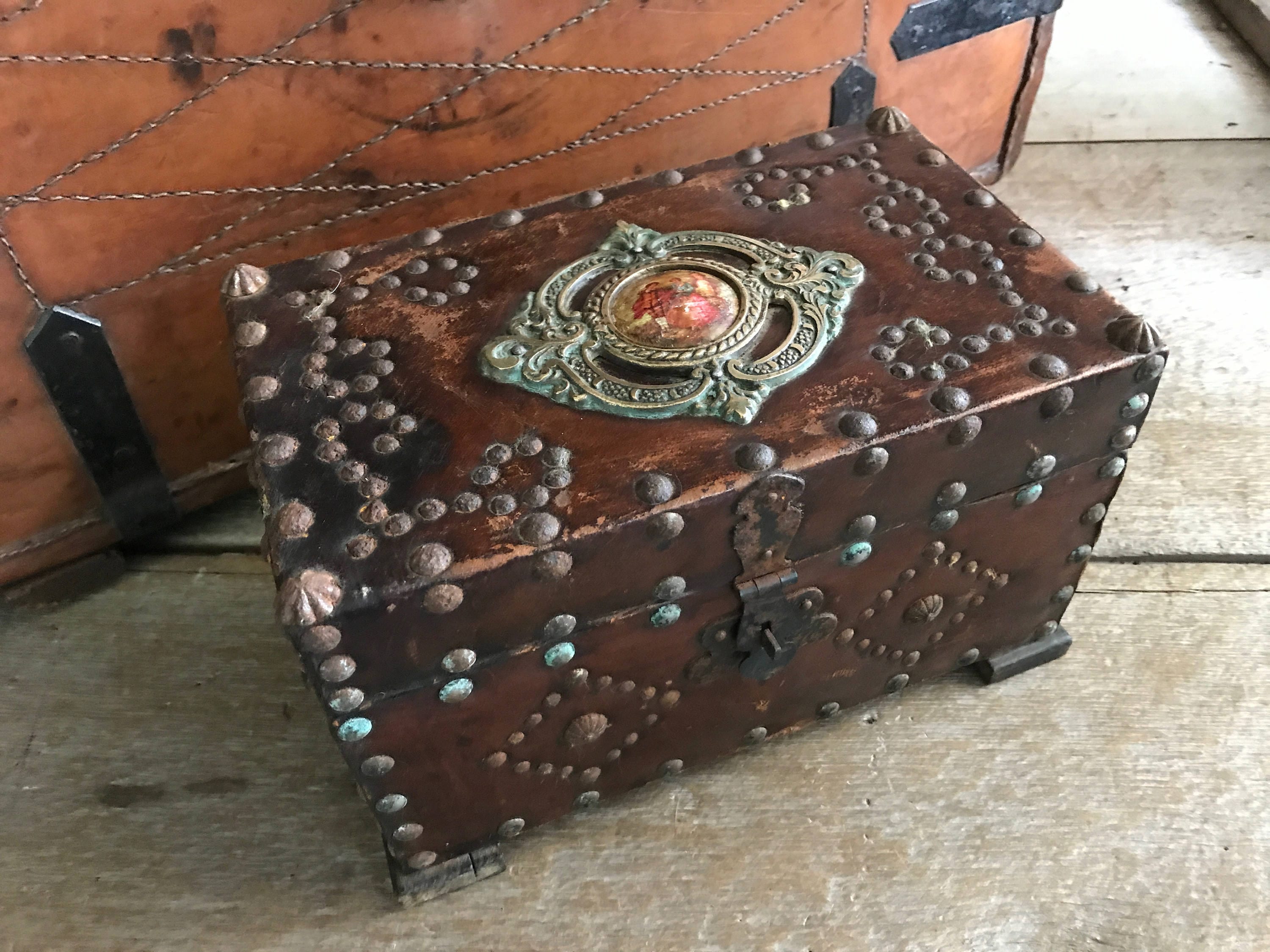 Rustic French Leather Document Box, Brass Cartouche, Porcelain Painted Plaque