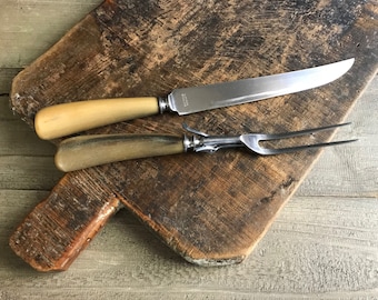 Rustic Stainless Carving Set, Antler Handle, Lamson Stainless Steel, Fork Knife Set, Holiday Serving, Serving Utensils