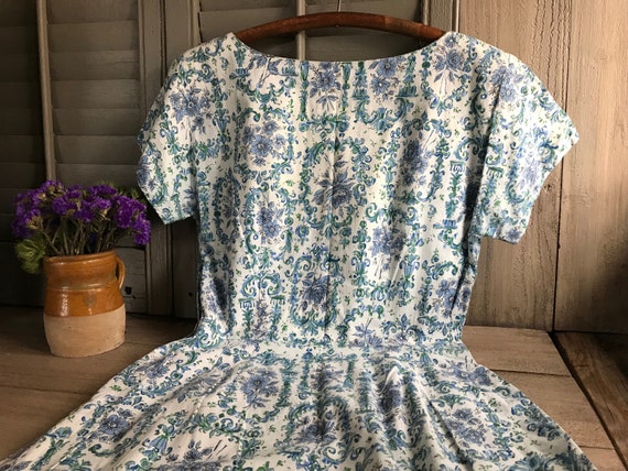 1950s Floral Cotton Dress, Day Dress, House Dress,