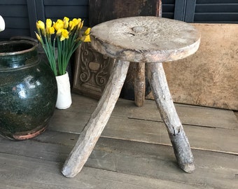 19th C Rustic Wood Stool, 3 Legged, Milking Stool, Primitive, European Farmhouse Decor