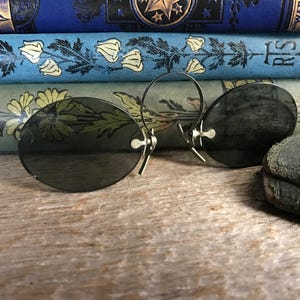 French Pince Nez Smoky Blue Sun Shades, Sun Glasses, Leather Purple Velvet Case, Spectacles, Props