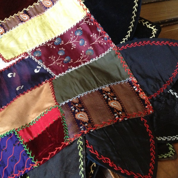 Antique Victorian Crazy Quilt ~ Satin Velvet Cotton Rayon Fabrics ~ Hand Sewn & Embroidered ~ c 1930 ~ Signed