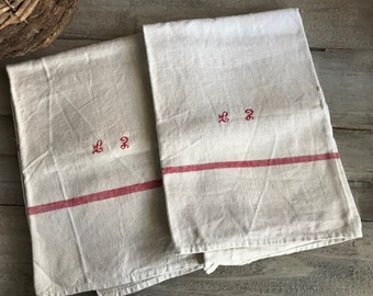 1 Rustic French Linen Torchon, Large Kitchen Tea Towel, Red Stripe and Monogram, 2 Available