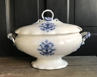 19th C Soupière Tureen, Lidded, Cauldon, English Made, Ironstone, Blue Transferware,