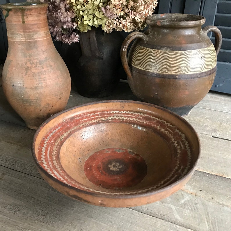 19th C French Redware Bowl, Slip Glaze, Terra Cotta, Earthenware Pottery, Provencal Cookware, French Farmhouse image 1