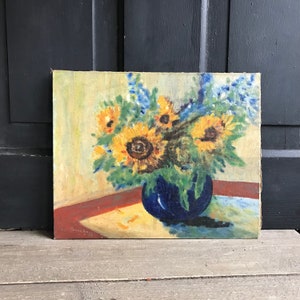 French Oil Painting, Sunflowers in Vase, Still Life, Unframed, Oil on Board, Signed, Colorful Floral Painting image 8