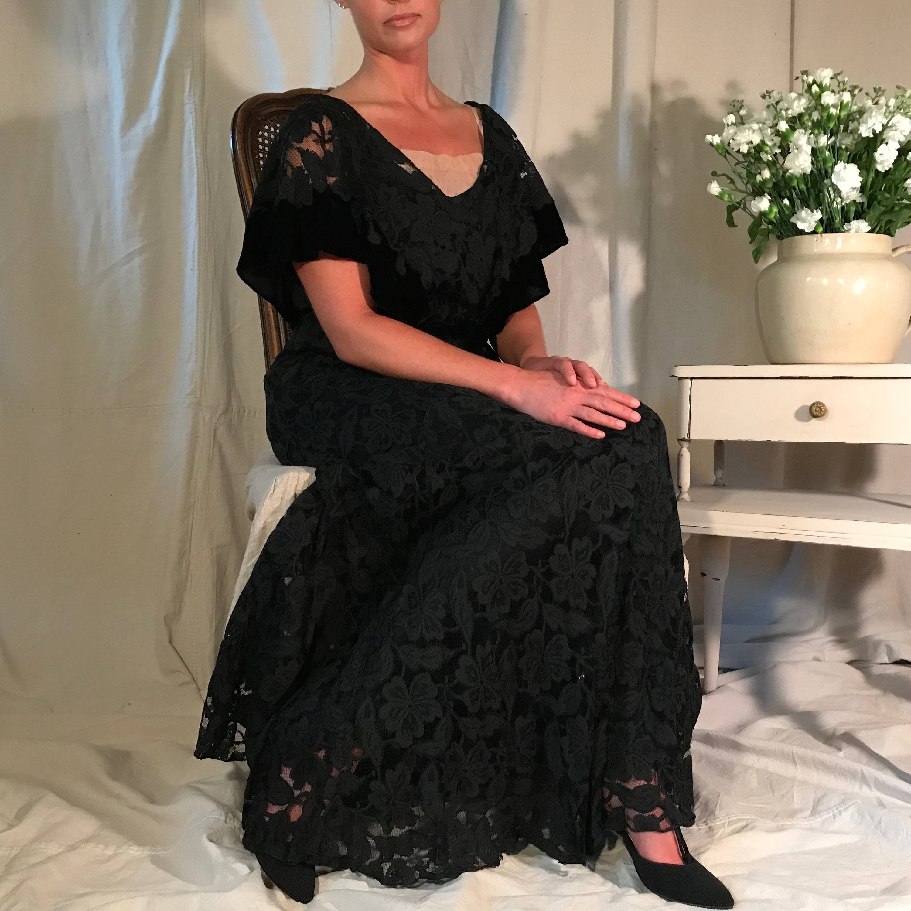 Robe Velours Vintage Années 1930 Dentelle Noire - Taille M, Manches Longues