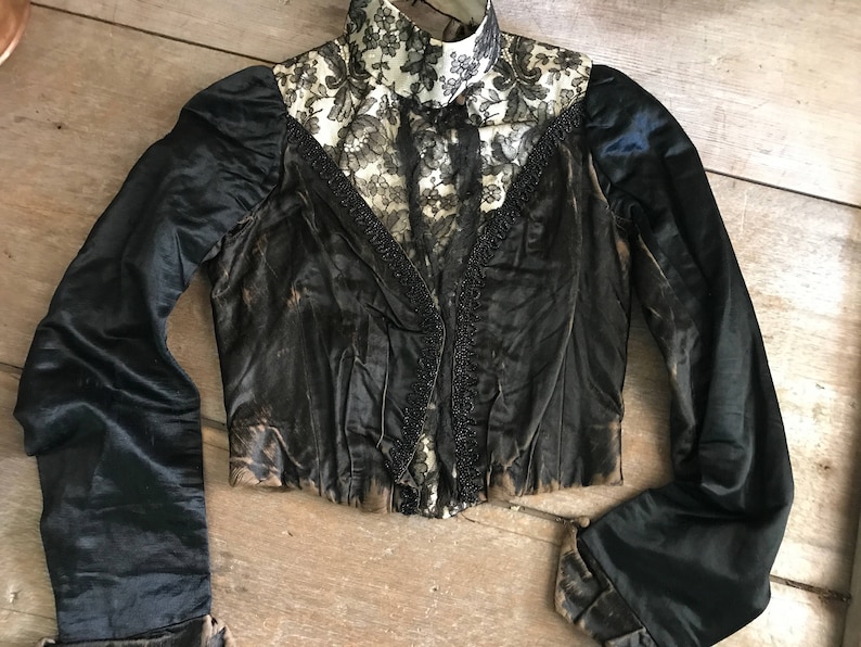 Antique Black Jacket, Victorian Steampunk, 1800s Silk and Lace Bodice image 1