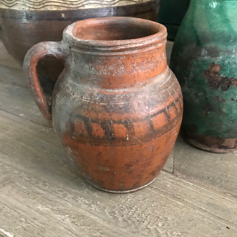 Antique Pottery Jug, Pitcher, Vase, Redware, Folk Art, Rustic Terra Cotta, Hand Thrown, Hand Painted, 19th C, Rustic Farmhouse, Farm Table image 2