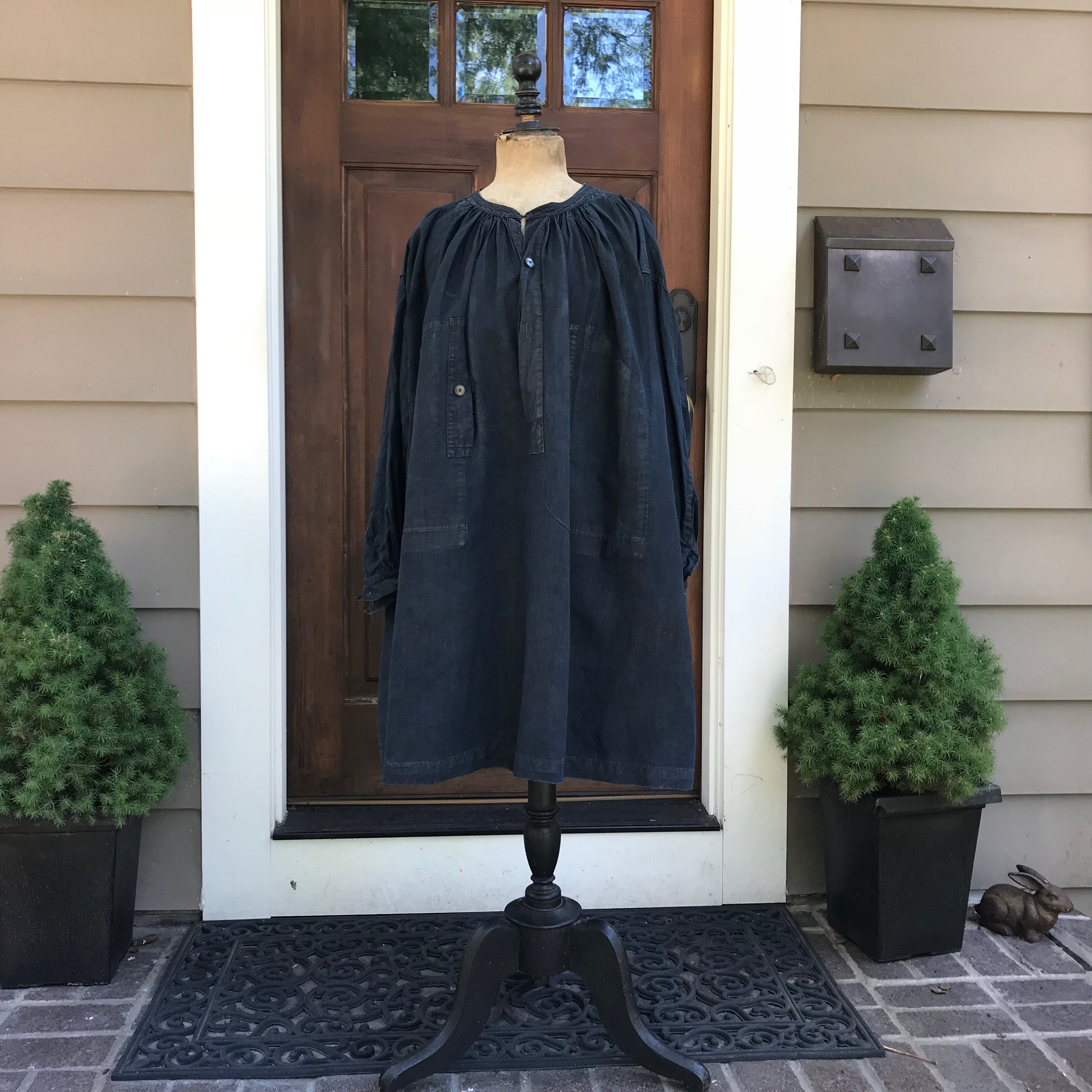 トップス 1920 Biaude indigolinen smock Maquignon Early 20th C] French Antique Indigo Linen Smock 