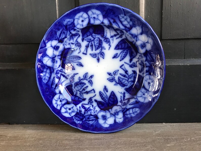 19th C Faïence de Bordeaux, Blue Floral Plate, David Johnston Earthenware, French Farmhouse image 5