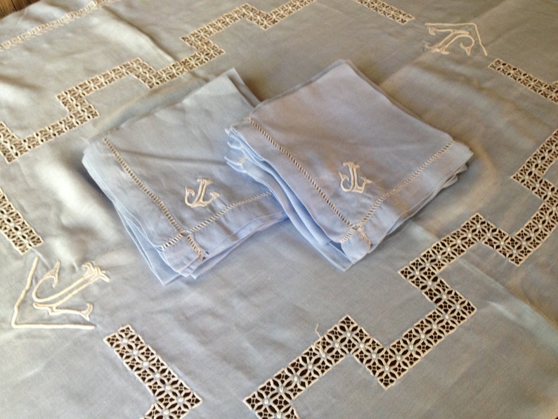 French Linen Tablecloth Napkin Set Blue Indigo, Set of 12 Dinner Napkins Monogrammed image 3