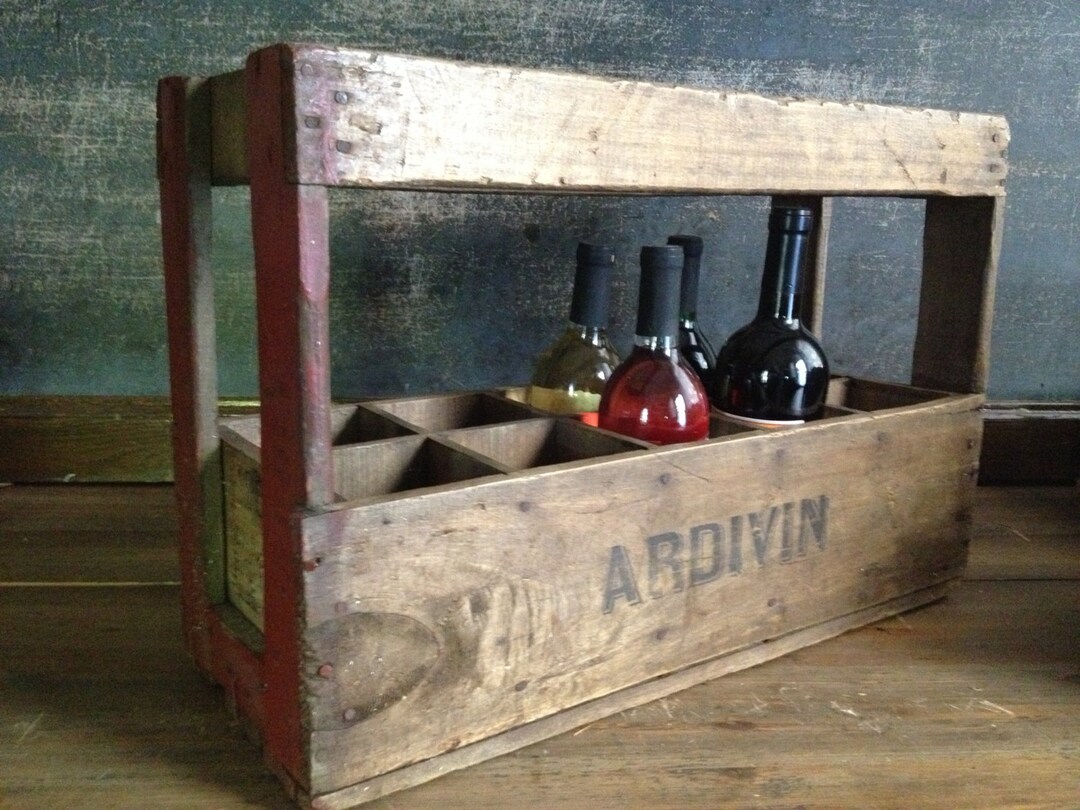 French Pine Wood Box Wine Crate 1964, Wooden Wine Rack, Industrial