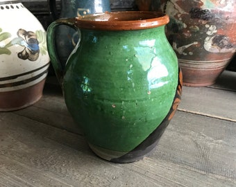 19 世紀の花柄陶器の水差し、小さなピッチャー、艶出しテラコッタ
