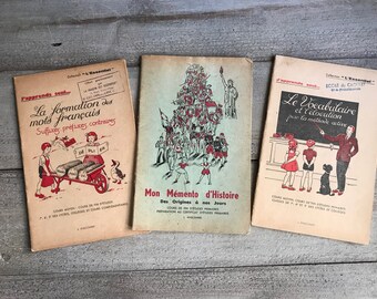 Mid Century French Schoolbooks, Set of 3,  Mon Mémento d'Histoire, La Formation les Mots Francais, Le Vocabulaire et l'Élocution
