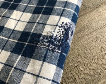 19世紀 フランス　アルザス　ケルシュ　リネン　インディゴ　クロス フレンチリネン ケルシュ生地、インディゴブルー、ブルーストライプ