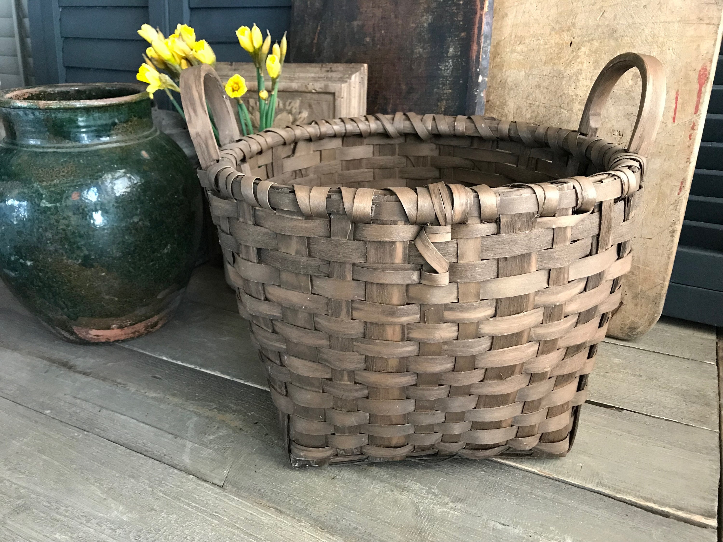- Rustic Wood Shelf With Willow Baskets For Farmhouse Decor