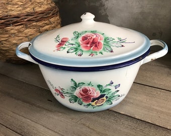 French Floral Enamel Lidded Casserole, Large Size, Chippy French Farmhouse Decor, Vintage Cooking Pot